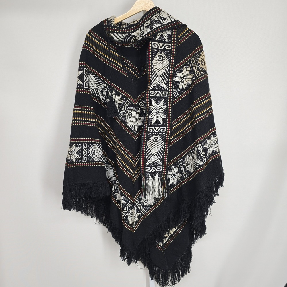 Vintage Made in Ecuador Wool‎ Cotton Blend Geometric Fringe Poncho Cape Black